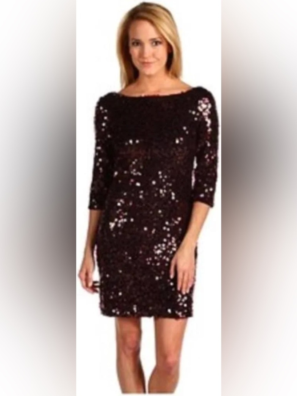 Jessica Simpson Sequin Dress 3/4 Sleeves Sheath Wine Sequins on Black Dress